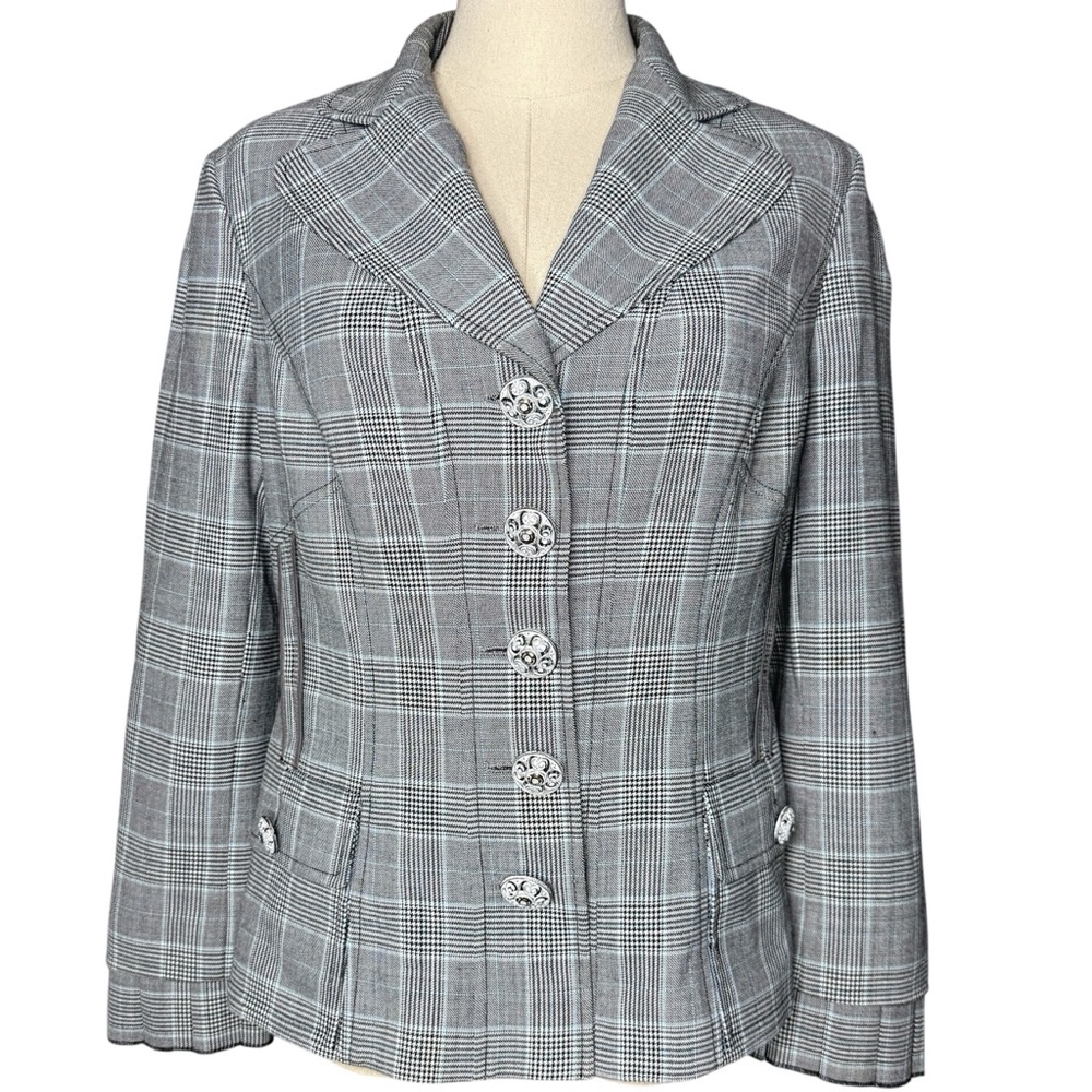 ETCETERA Gray Blue Plaid Pleated Hourglass Blazer Size 8